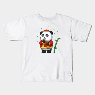 Cute panda eating with chinese costume Kids T-Shirt